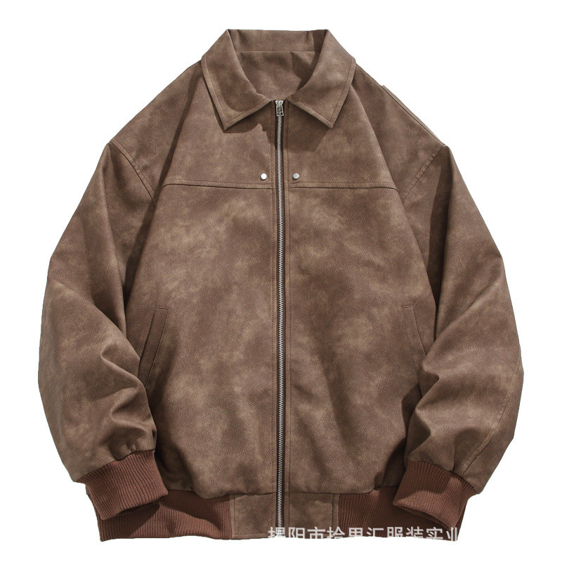 Jaket Suede Gaya Amerika Pria Retro Coklat Kerah Turun Jaket Kulit Serbaguna Mantel Santai