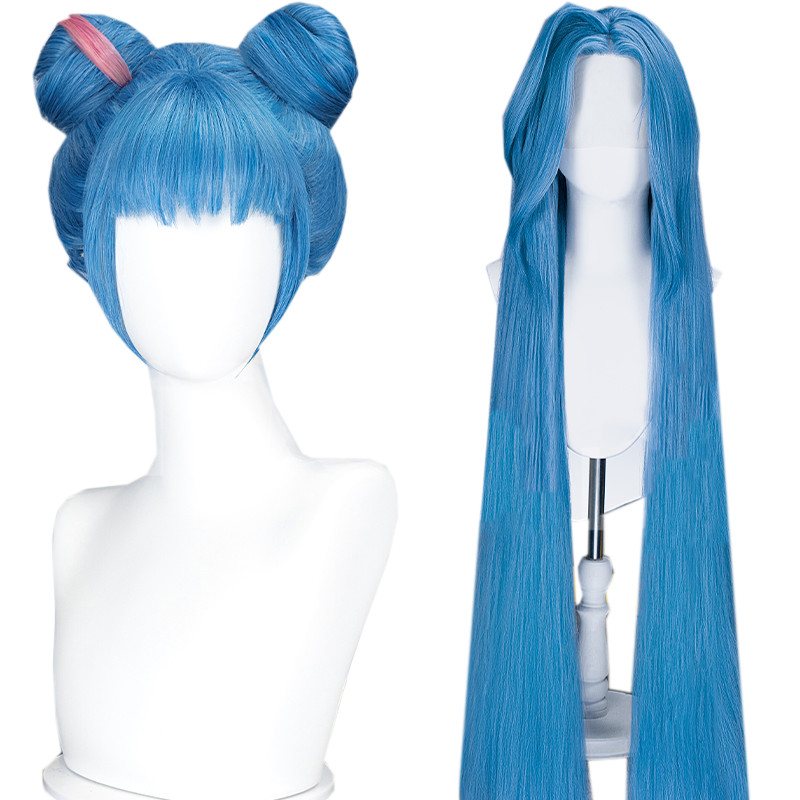 Arcane Jinx Cosplay Powder Cosplay Wig Bun Wig 120cm/150cm Drape Lace Wig Blue Long Hair For Hallowe