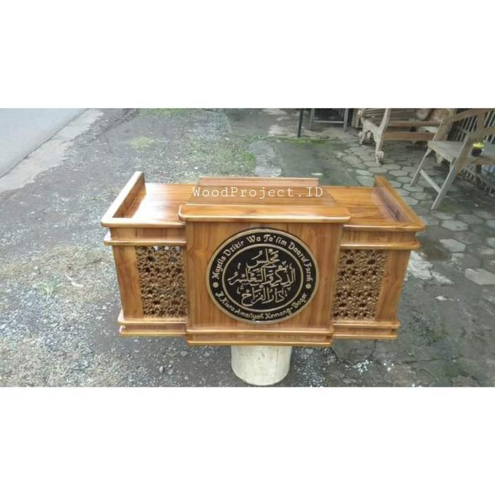 Mimbar Majelis Jati Minimalis - Meja Majelis Taklim Duduk - Finishing+logo 01