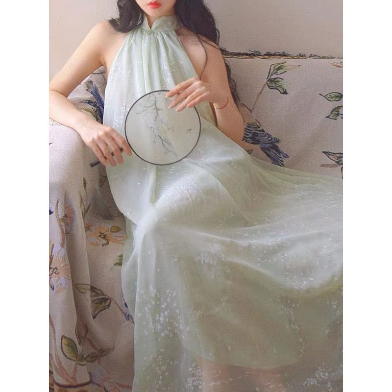 [COD] Gaun panjang, selutut, rok longgar tanpa lengan, sifon motif bunga hijau mint.