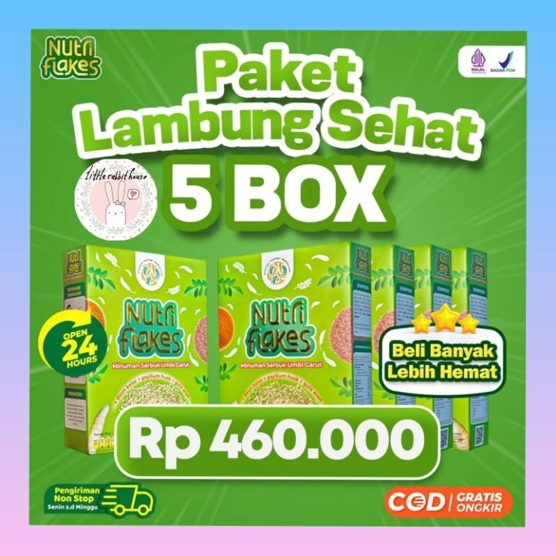 

READY PAKET 5 BOX NUTRIFLAKES SEREAL UMBI GARUT ORIGINAL ATASI ASAM LAMBUNG SAKIT GERD MAAG INFEKSI