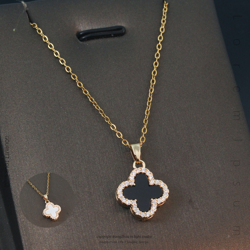 COD  Kalung Wanita, Kalung Onyx Hitam Semanggi Empat Daun Emas