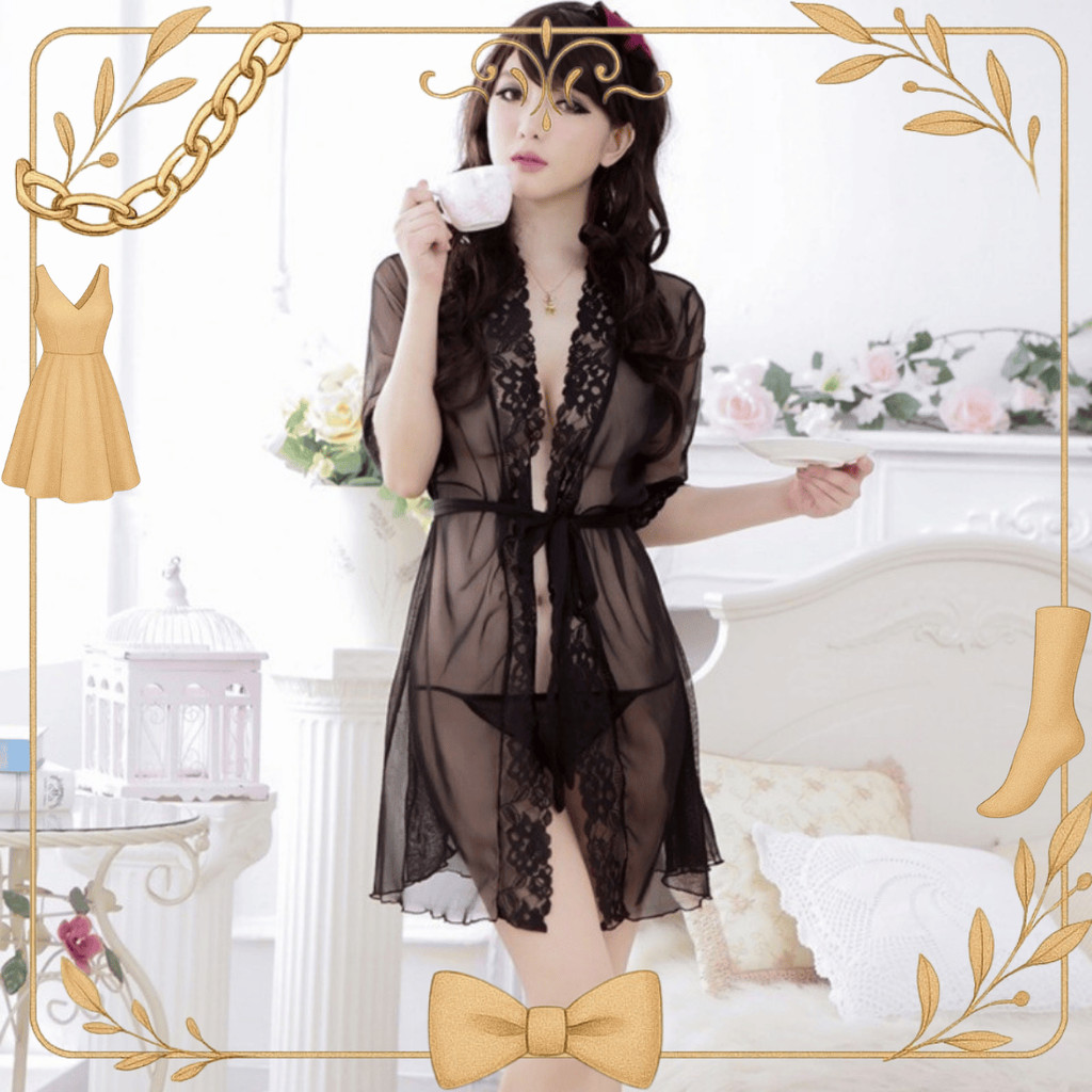 (Gudang Lingerie) Lingerie Kimono Set Piyama Babydoll Kimono Bahan Model Renda 1096