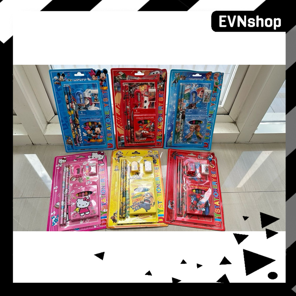 

8815 Stationery Set Anak Karakter Lucu Lengkap 6 in 1 | Pensil, Rautan, Penghapus, Buku Catatan, Crayon, Souvenir Kado Sekolah 8815
