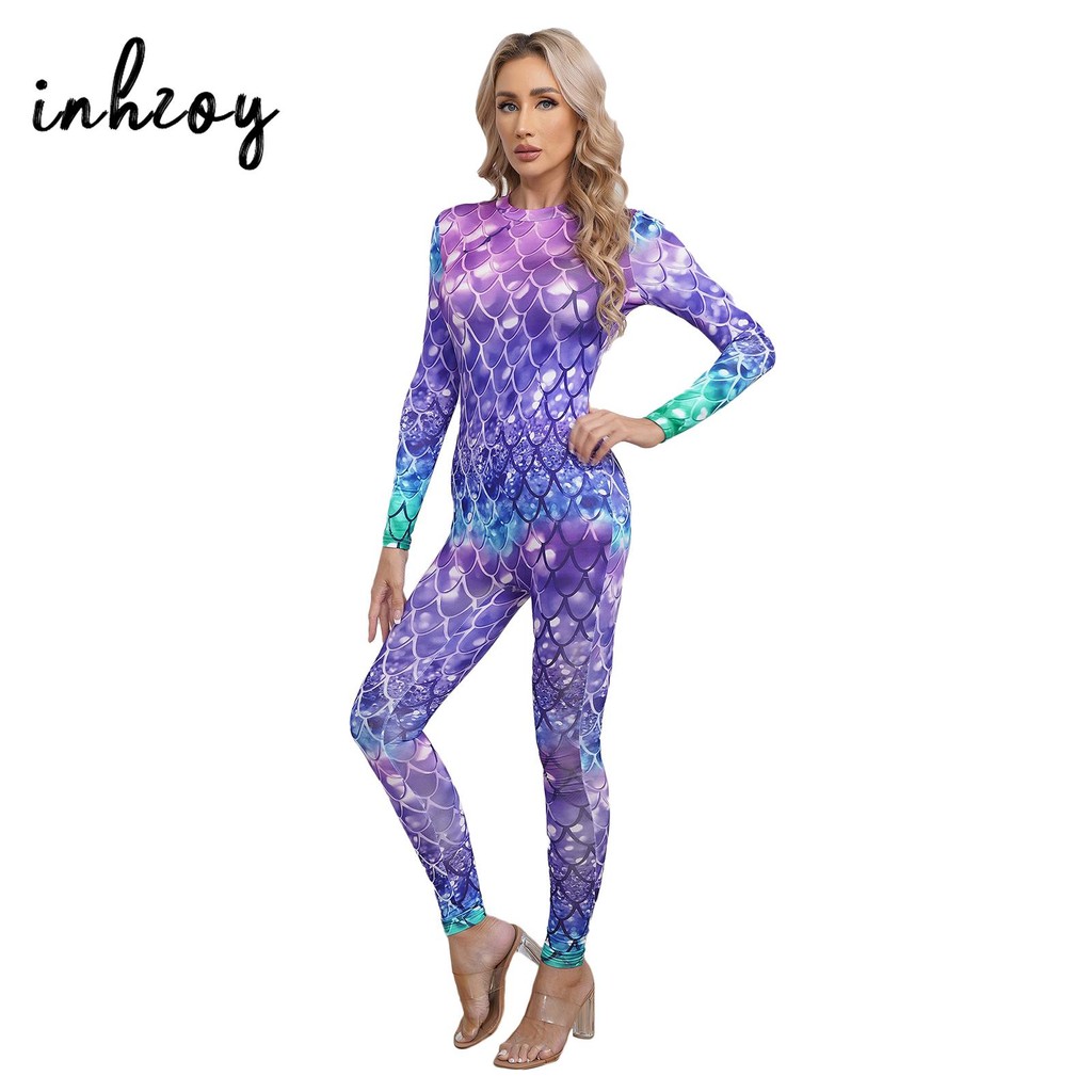 Women Mermaid Cosplay Costume Fish Scale Print Full Body Jumpsuit One Piece Long Sleeve Catsuit Romp