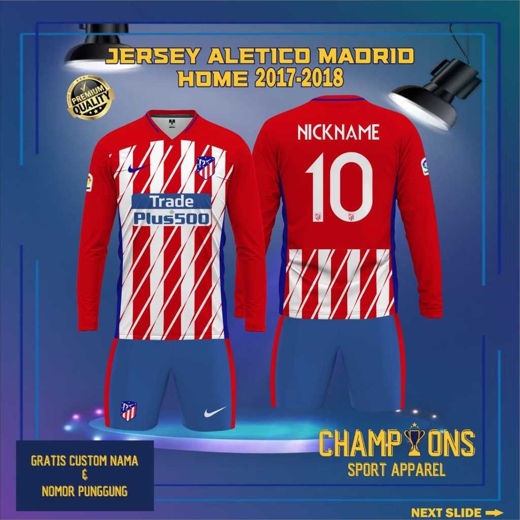 Jersey Klub ATLETICO MADRID HOME 2017 2018 Lengan Panjang Retro - Liga Champions UEFA, Berbahan Dryf