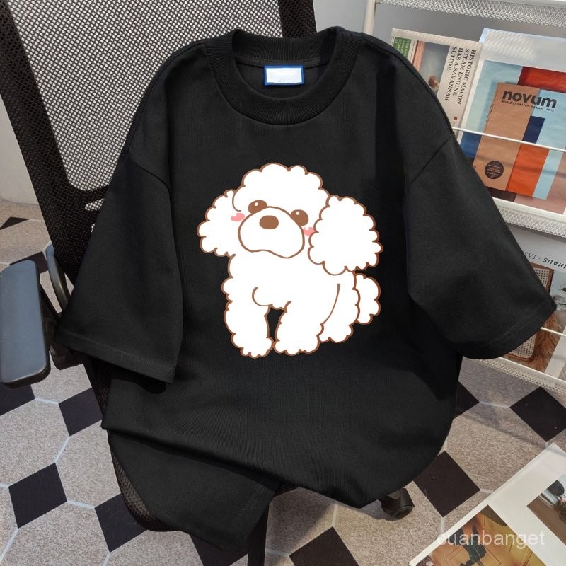 Kaos bermotif hitam putih untuk pria dan wanita Anjing Poodle Putih Lucu 100% katun  Baju atasan wan