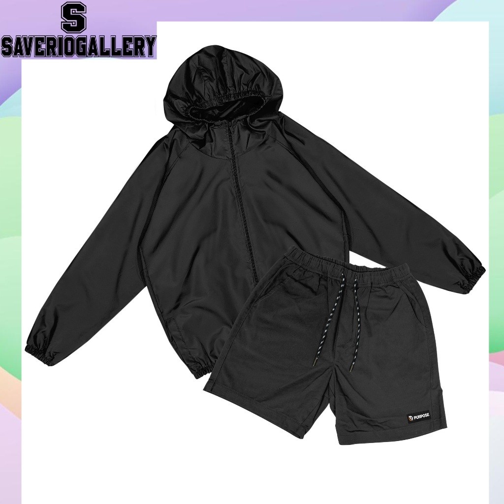 PURPOSE - Satu Set Jaket Dan Celana Bahan Despo | Celana Pendek Olahraga | Jaket Olahraga Parasut