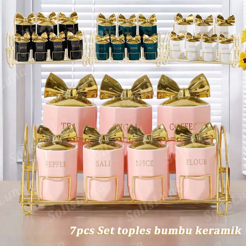 7Pcs Model Cantik Aksen Ceramic Seasoning Set Toples Tempat Bumbu Dapur Keramik Set Aesthetic/Tempat