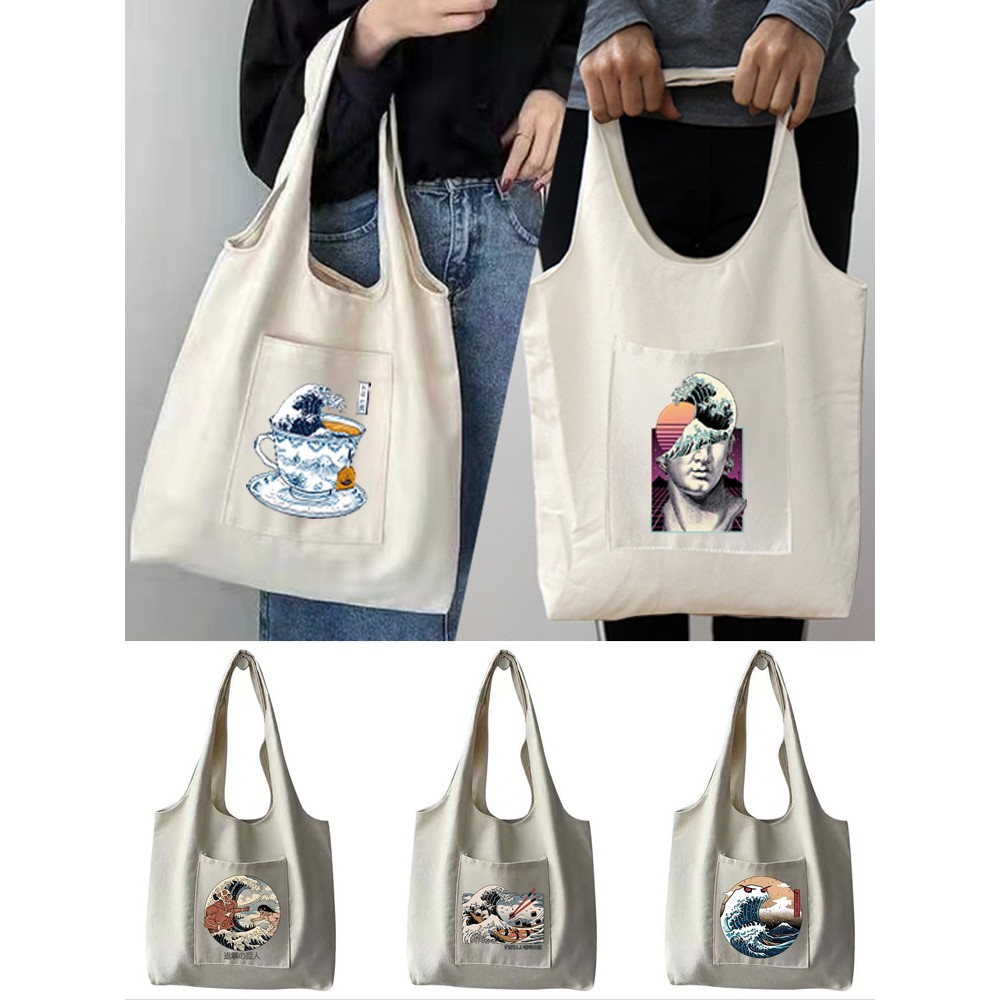 Tas Totebag White Shopping Shoulder Bags Ladies Beach shopping beg Commuter recycle Gifts Wave Print