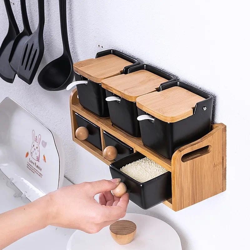 Square Ceramic Seasoning Jars Bamboo and Wood Seasoning Jar Japanese Jar Kitchen Household Salt Seas