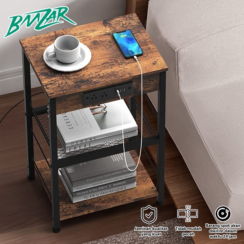 Meja Nakas Bedside Table Lemari Nakas Besi Meja Samping Kamar Tidur（Dengan port pengisian daya dan p