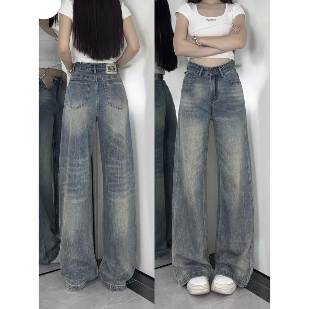 LAPAKSHOP YOYO - Retro Celana Jeans Wanita Biru Loose Jeans Panjang Wanita Celana Korean Style