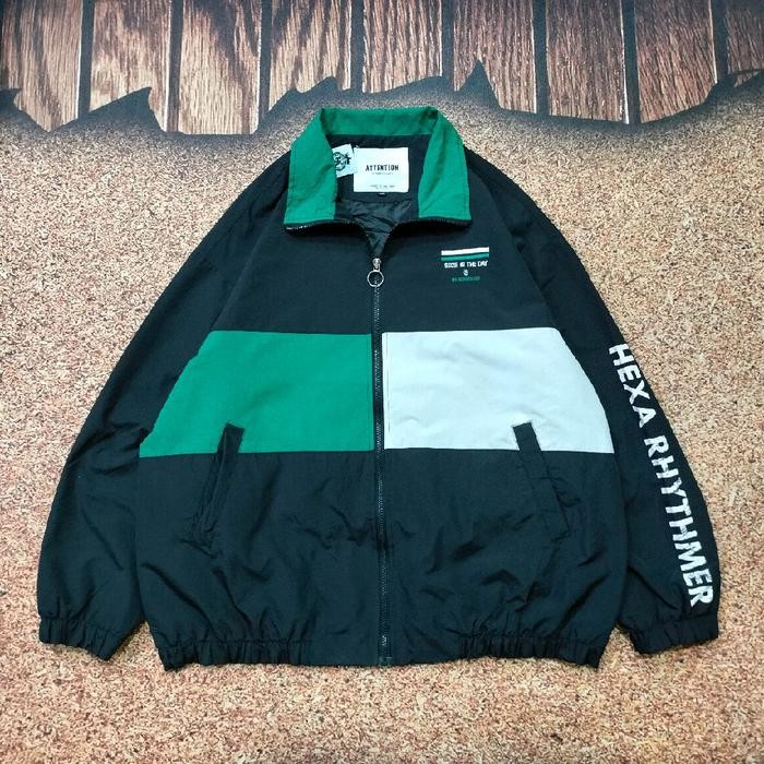 jaket windbreaker motoran ATTENTION outdoor casual tapped spell out colour block big size XXXL