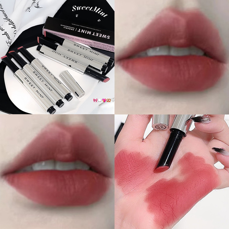 Lipstik Matte Beludru, Perona Bibir Warna Korea Gelap Merah Coklat Padat Tahan Noda Tahan Lama