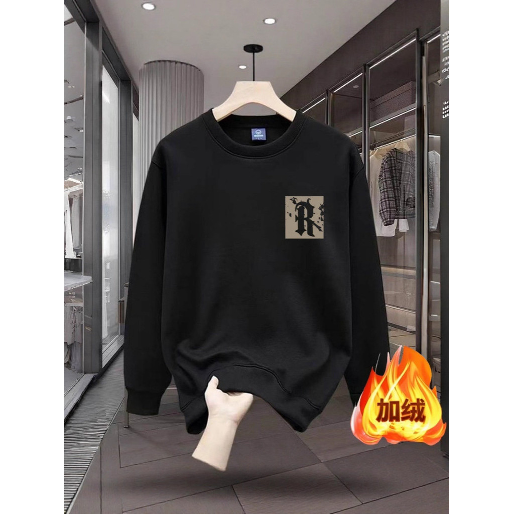 Atasan Pullover Longgar Pria Berkualitas Tinggi    Jaket lengan panjang leher bulat berlapis fleece 