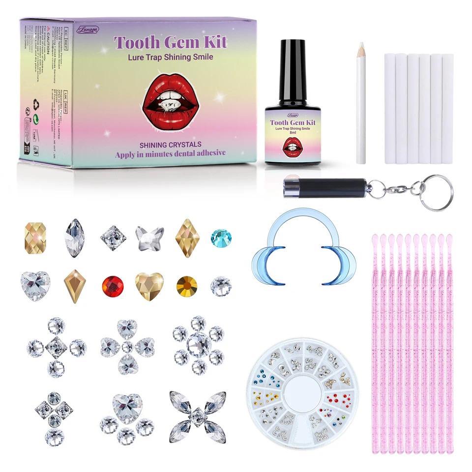 Kit Perhiasan Gigi DIY dengan Lem dan Lampu, Anti Jatuh, Batu Permata Transparan, Dekorasi Perhiasan
