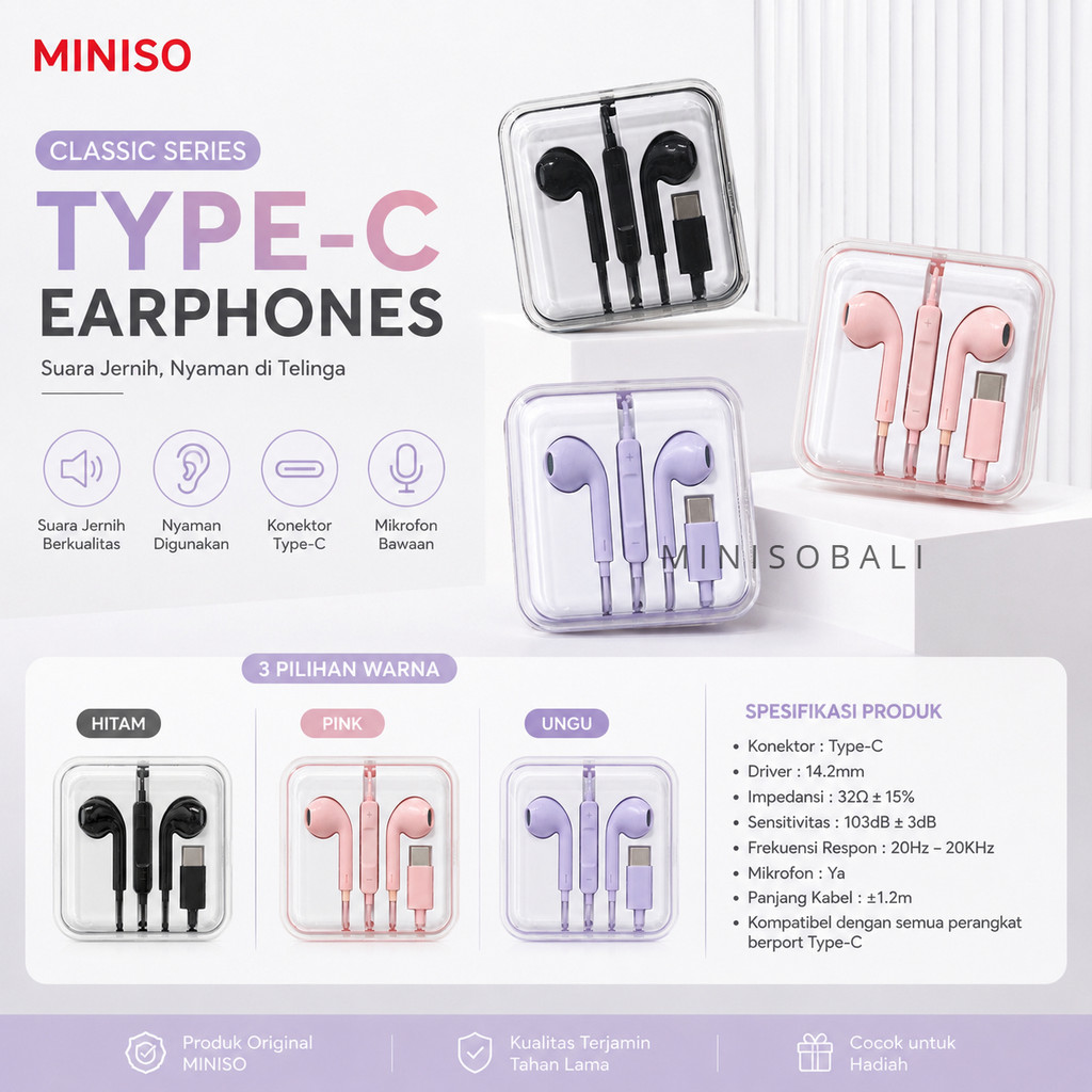 Official BALI MINISO Classic Series Type-C Earphones / Headset Kabel USB Type C Suara Jernih