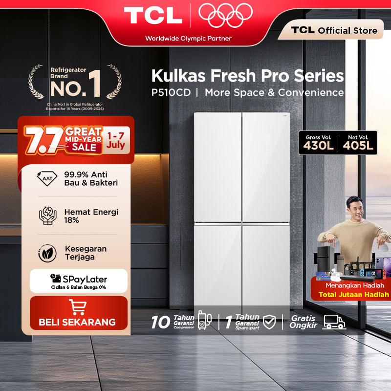 TCL Kulkas 4 Pintu - Kapasitas 430L - Big Capacity - Twin Eco Inverter - AAT Gen 2 Natural Eco Fresh