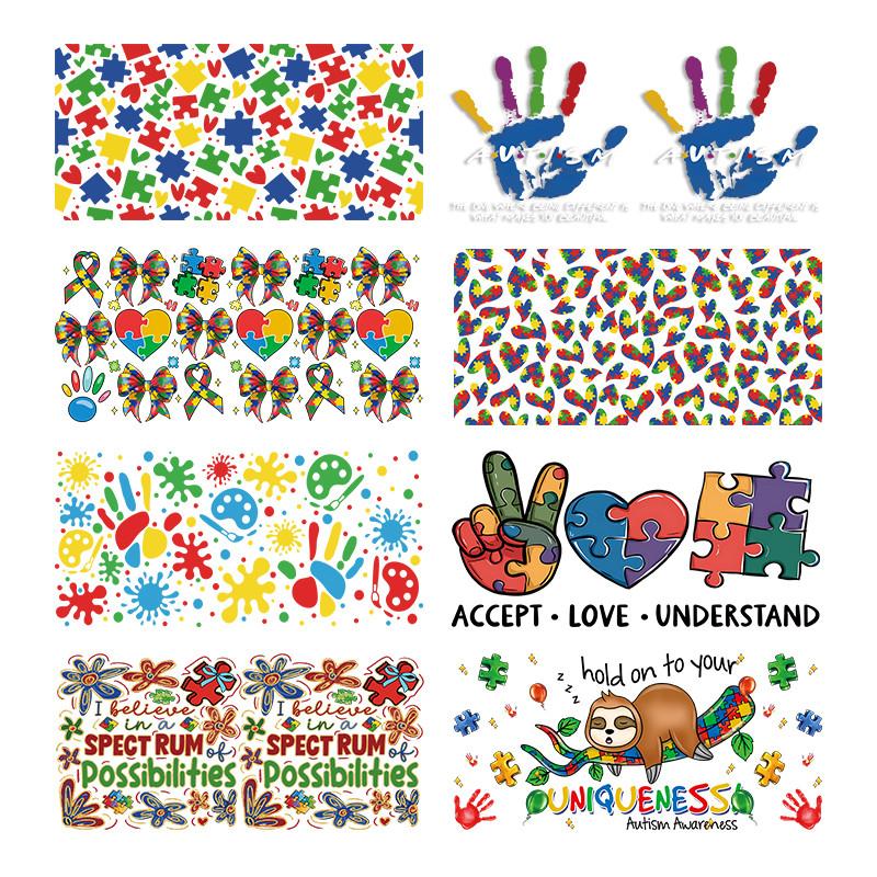 

3D UV DTF Caring For Autism Printed Transfers Stickers 16oz Cup Wraps For DIY Glass Ceramic Metal Leather Etc. D31413