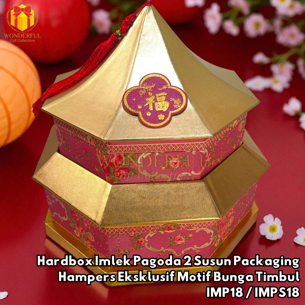 

Hardbox Imlek Pagoda 2 Susun Packaging Hampers Eksklusif Motif Bunga Timbul Sekat IMP18/IMPS18
