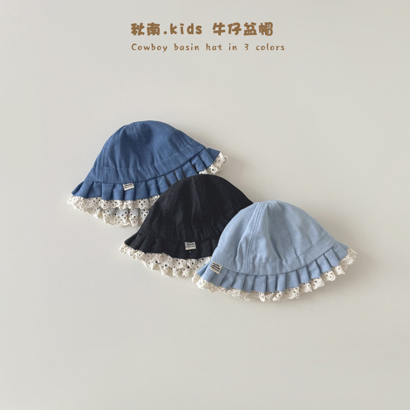 Akionan Korean children's hat 2025 spring and autumn new ins denim lace basin hat baby sunscreen buc