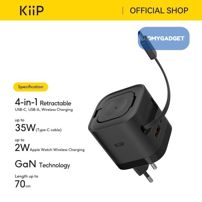 KiiP WH30 3in1 Adapter Fast Charger GaN 35W Retractable Cable Built in Magnetic Wireless Apple Watch