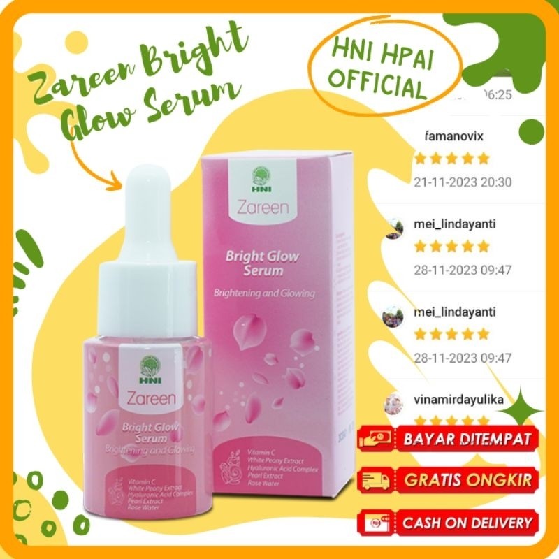 Zareen Bright Glow Serum Mencerahkan Kulit Wajah Glowing Herbal Hni Hpai