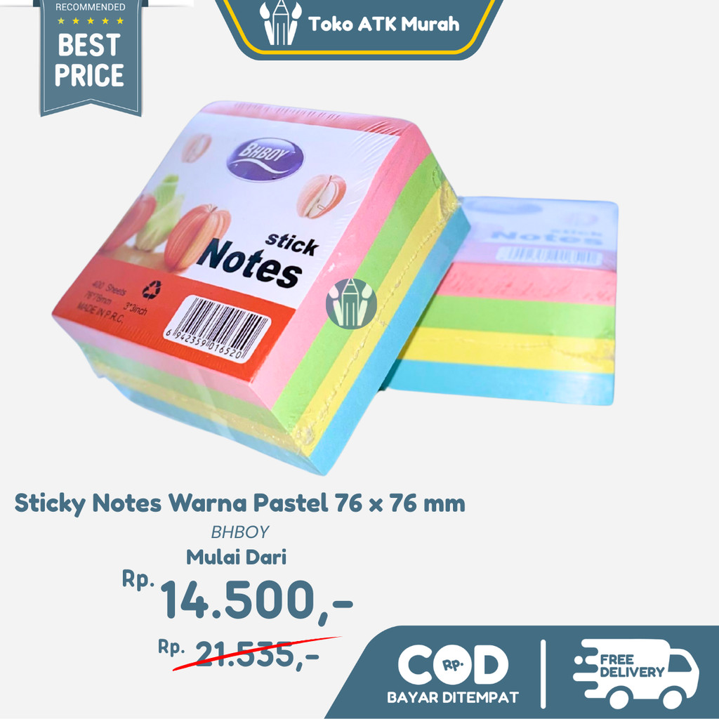 

Sticky Notes Pastel BHBOY 76x76 mm | Memo Tempel Warna Warni | 400 Lembar