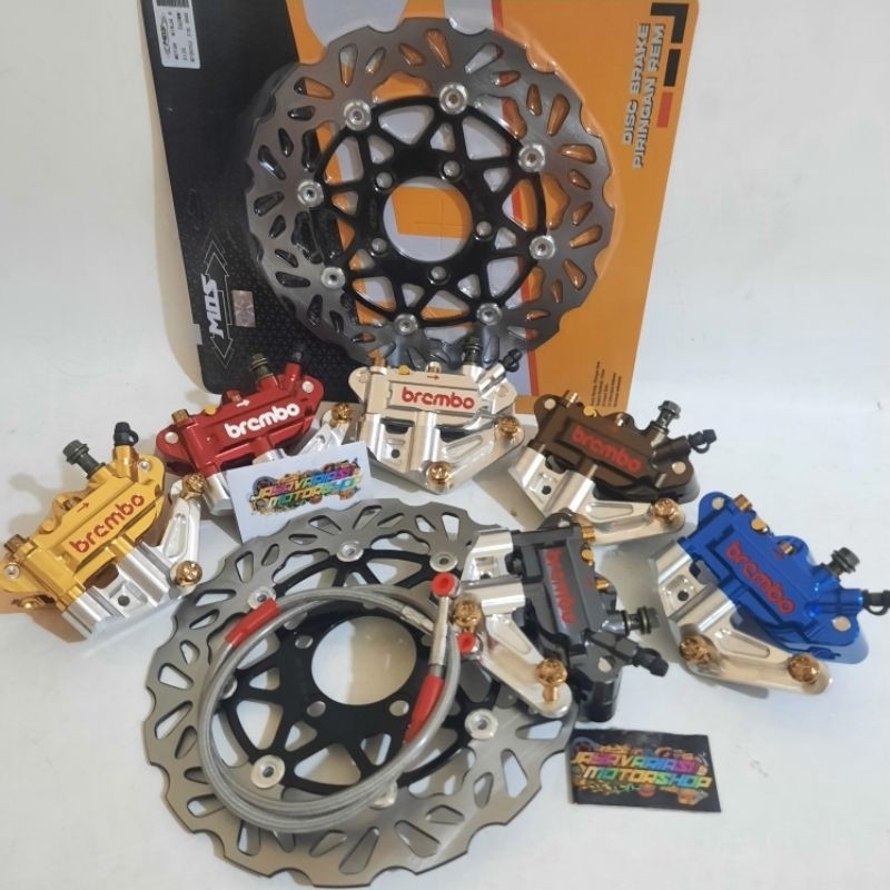 PAKETAN 1SET DEPAN NINJA 2TAK ~KALIPER BRCMBO MONOBLOK 4PISTON 4P CNC+BREKET MONOBLOK 4P + BAUT PROB