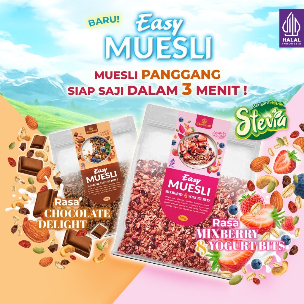 

Easy Muesli Mix Berry Yogurt Bits dan Chocolate Delight | Muesli Panggang Siap Makan - Granolab Muesli