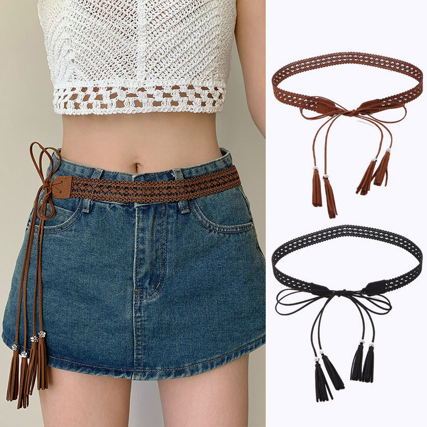 Tali Ikat Pinggang Wanita Belt Tassel Kulit Pita Simple Kepang Lebar Model Tassel Gaya Bohemian