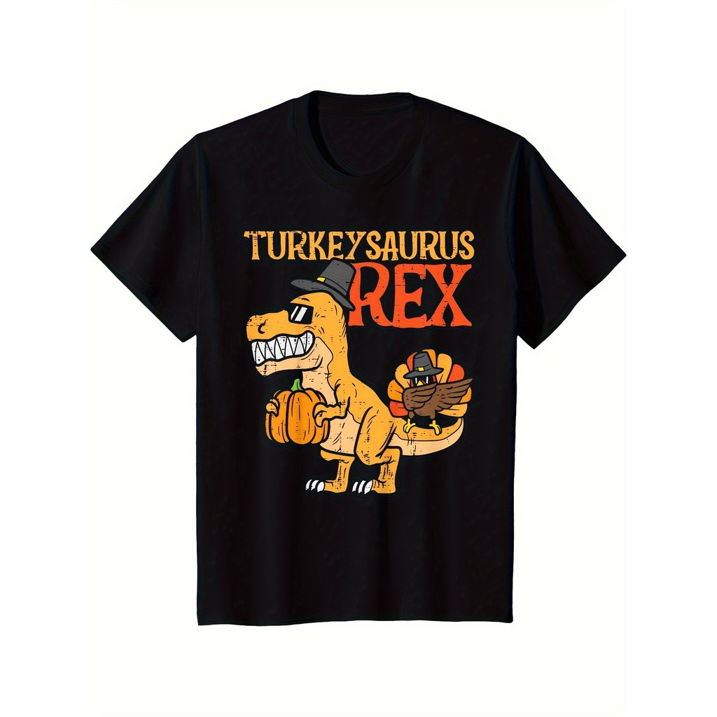 [Kegembiraan Liburan] Kaos Thanksgiving Pria - Desain Ayam Kalkun & T-Rex Lucu, Katun 100%, Lengan P
