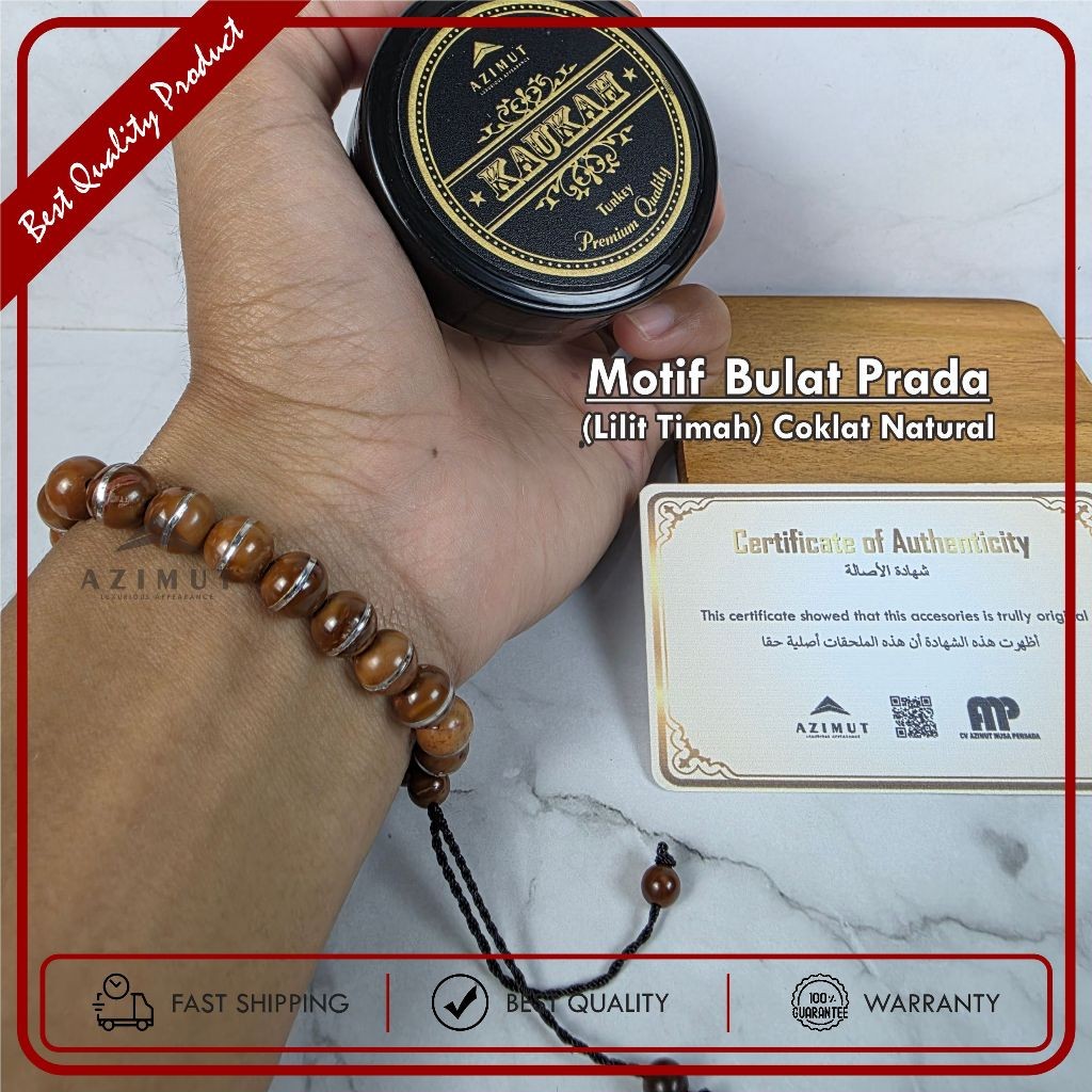 GELANG KOKKA KAUKAH BULAT PRADA - GELANG TASBIH KAYU KAUKAH MOTIF BULAT LILIT TIMAH