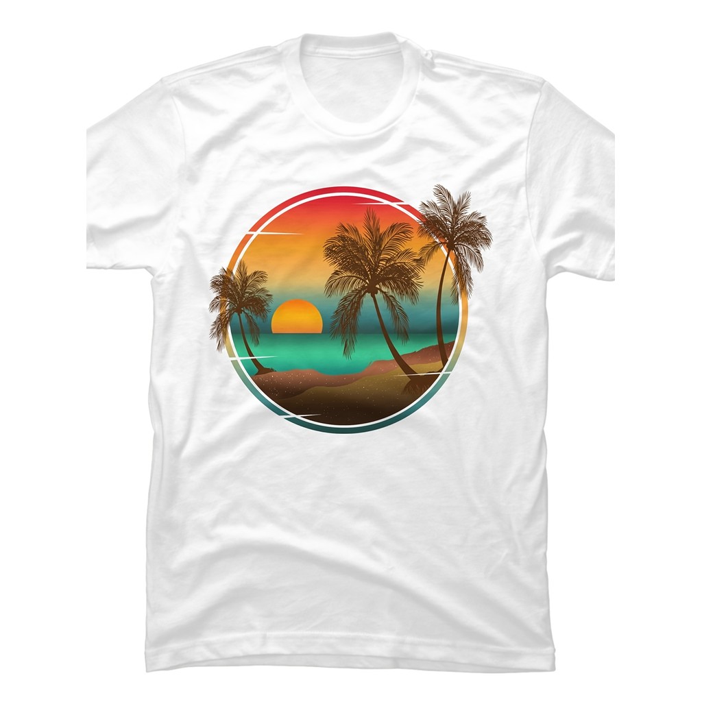 Kaos Pria Retro Sunset Palm Tree - Baju Pantai Katun Keren