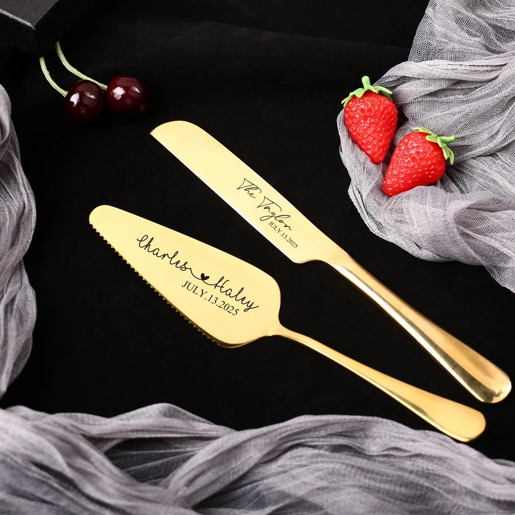 1Set Personalised Cake Knife Shovel Custom Wedding Gift Gold/Silver Cutting Server Set Engraved Birt