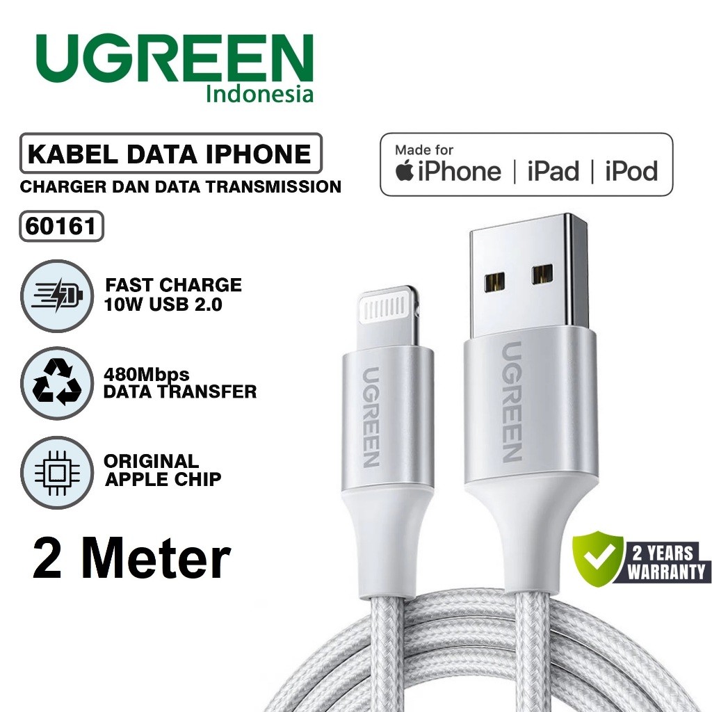 UGREEN 60163 Kabel Data Nylon USB A to Lightning 2M 2 Meter PD Power Delivery Fast Charging MFI Made