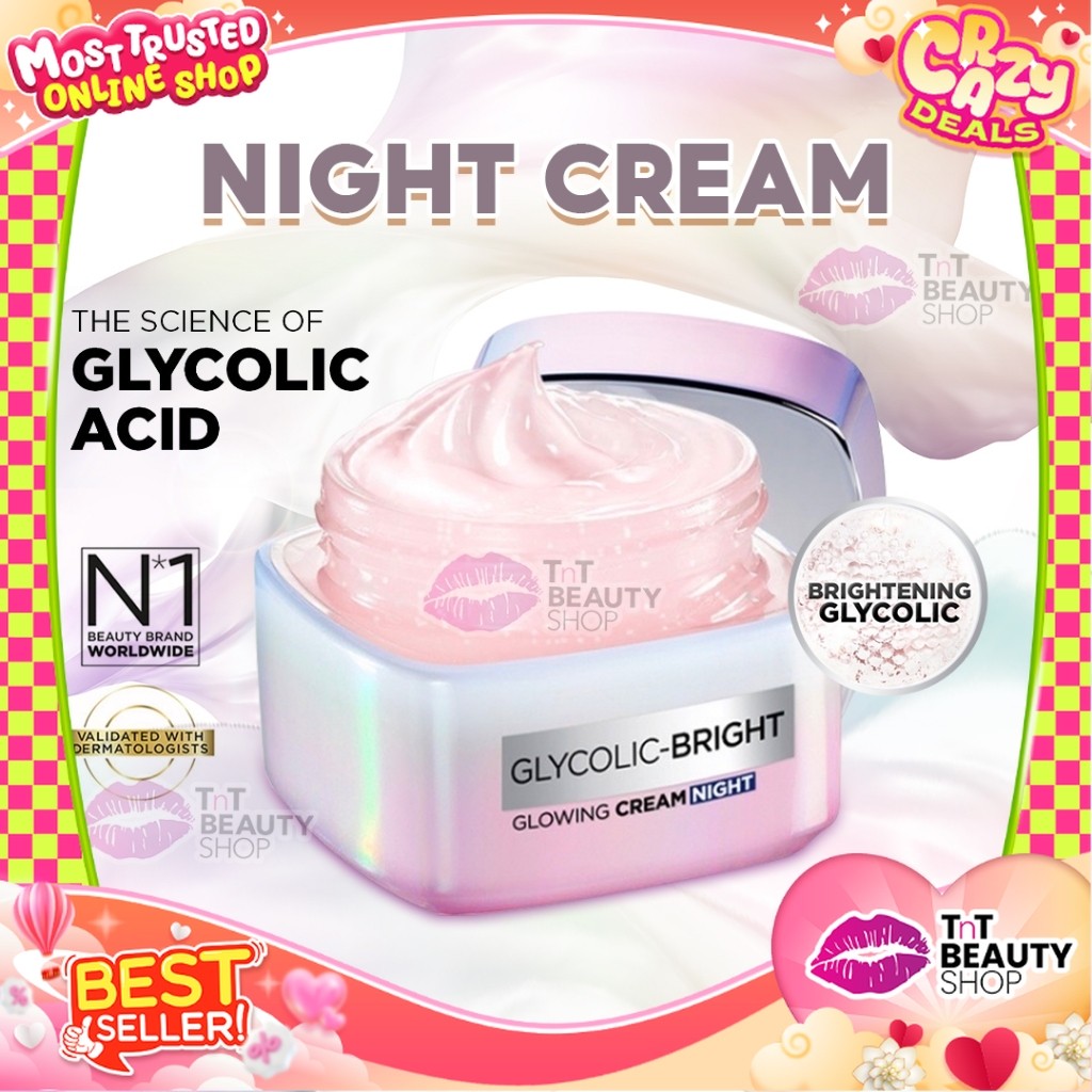 L'Oreal Paris Glycolic Bright Glowing Night Cream 15ml - 50ml | Skin Brightening Krim Malam Glyco Lo