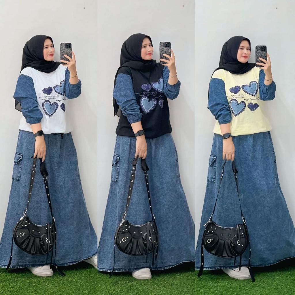 Terbaru Setelan Rok Jeans Kekinian Setelan Rok Jeans Aplikasi Sablon Kombinasi Kaos Wanita