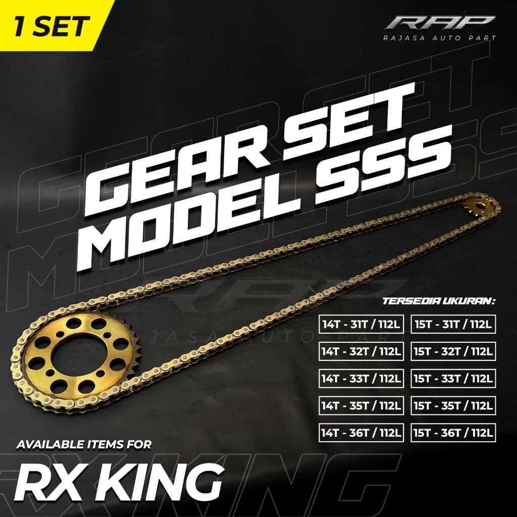 PAKET GEAR SET RX KING GOLD BAHAN BAJA MODEL SSS 428 14T 15T 31T/32T/33T/35T/36T PLUS RANTAI GOLD SB