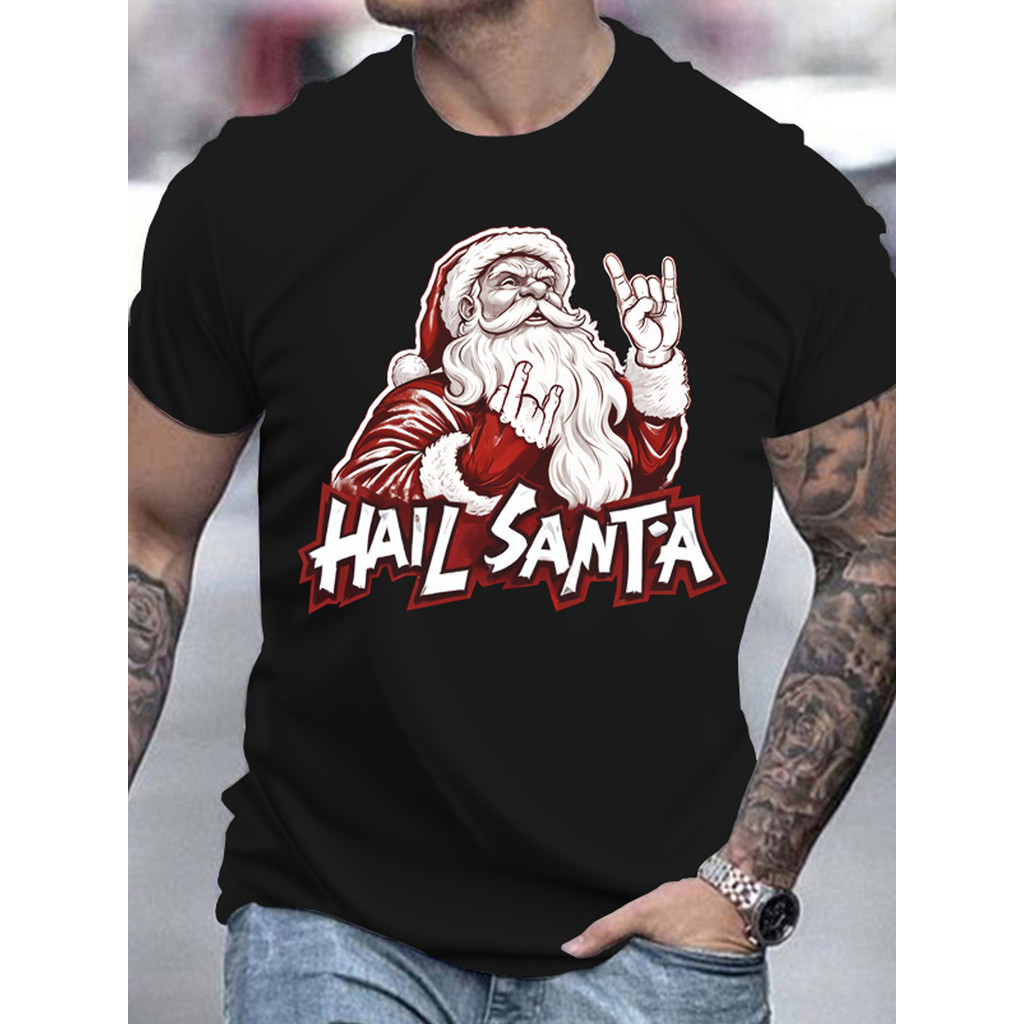 Men's Festive Santa 3D Print T-Shirt - Casual Crew Neck, Short Sleeve, Breathable Polyester for Summ