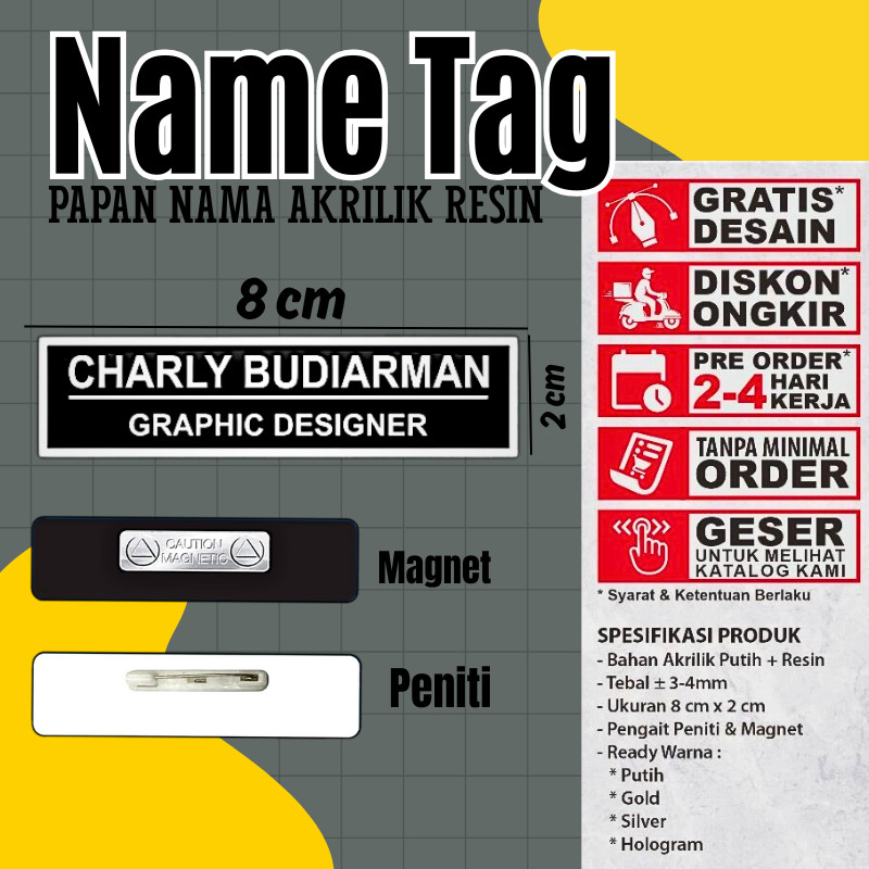 Name Tag Nama Dada Akrilik Magnet Peniti Gold Silver