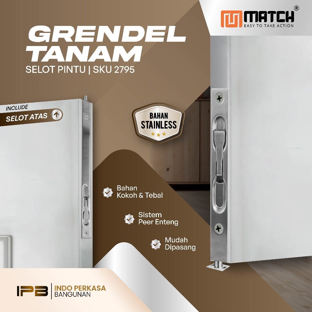Rolloficial MATCH Slot Pintu Grendel Tanam selot Pintu Kupu Tarung | GRENDEL TANAM 6X12 STAINLESS | 
