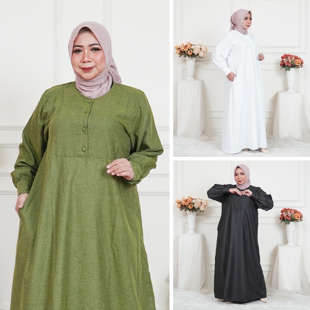 Gamis Jumbo Katun Madina Polos Kancing Bungkus LD 110 120 130 140