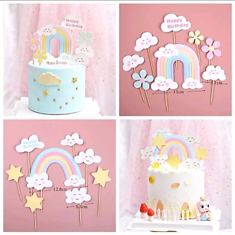 Topper Pelangi Awan Bunga, topper Unicorn, Hiasan Kue pelangi