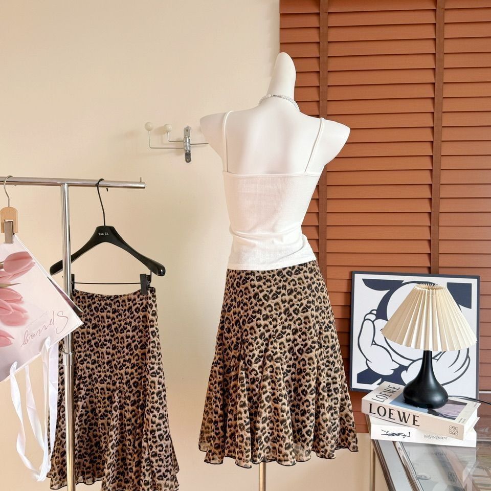 skirt/Rok Wanita  sifon cetak macan tutul retro,  tipis Model A-Line / Bentuk A 2026 musim panas   t