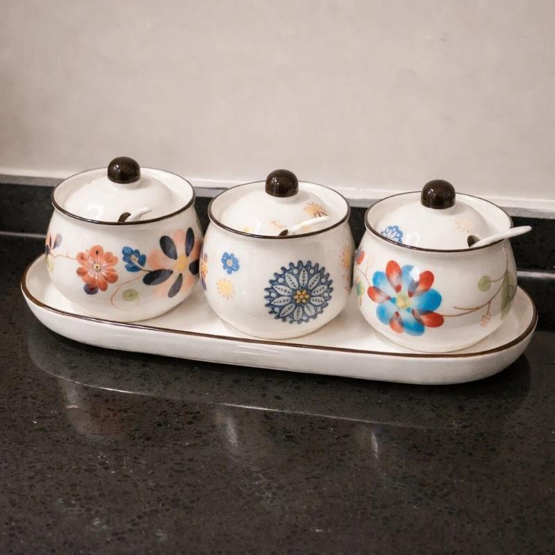 Ceramic seasoning Kitchen salt seasoning  Storage box set Household good-looking oil-splashed chili 