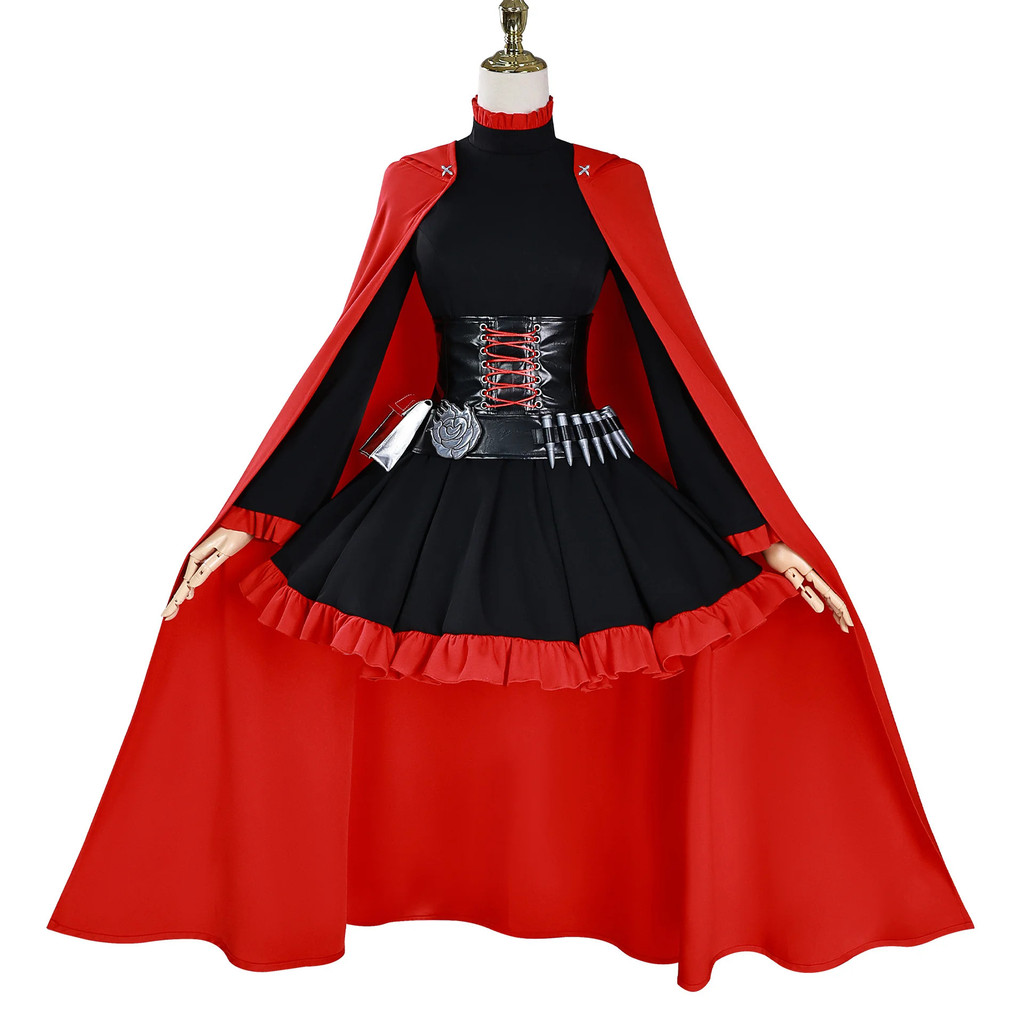 Kostum Cosplay Anime RWBY Ruby Rose untuk Wanita dan Anak Perempuan, Setelan Jubah Gaun Hitam, Pakai