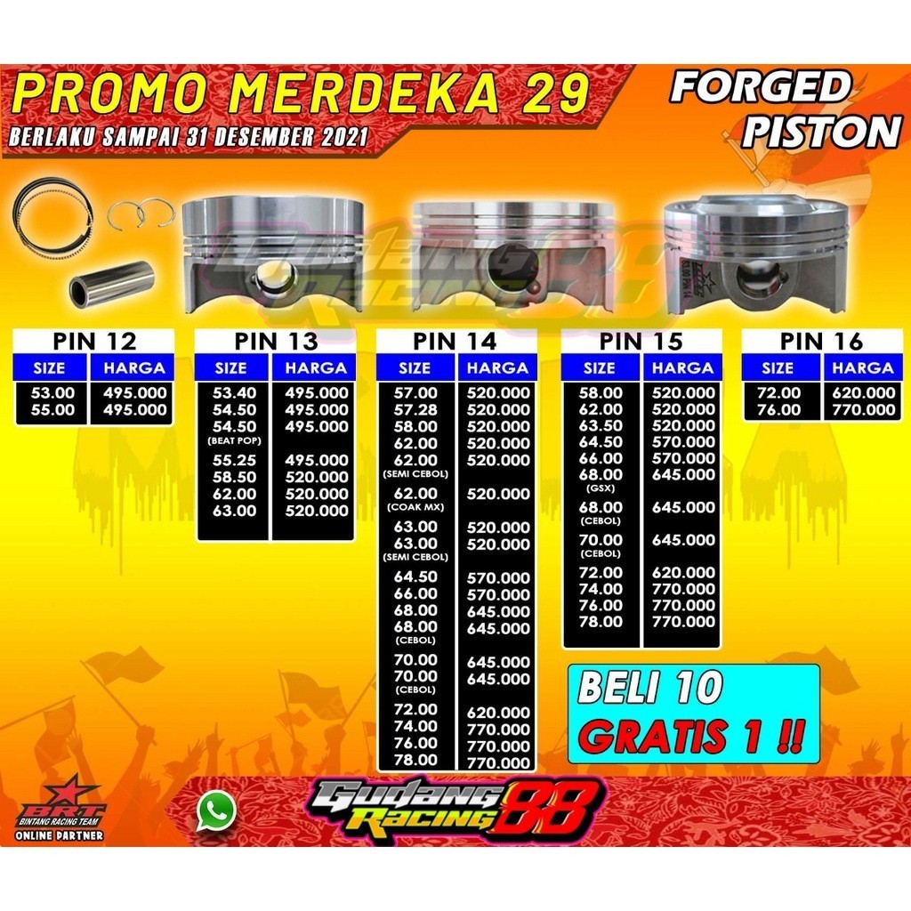 PISTON FORGED SEHER BRT PISTON BRT 58 - 62 - 64.5 - 66 - 66 TIGER - 68 GSX - 68 SEMI CEBOL - 70 CEBO