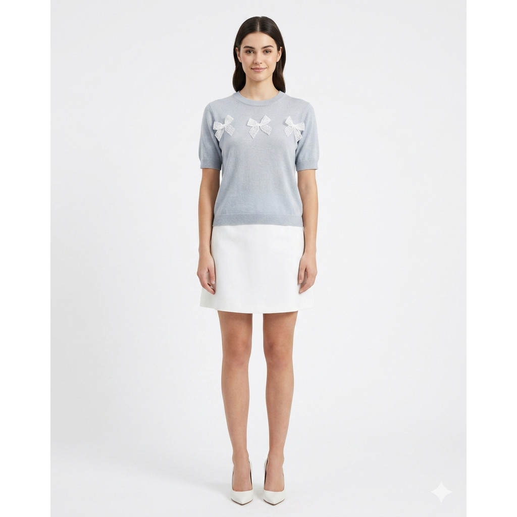 C/S S/S KNIT BLOUSE W/ 3 BOWS ATASAN WANITA CANTIK SIMPLE ELEGAN B00461